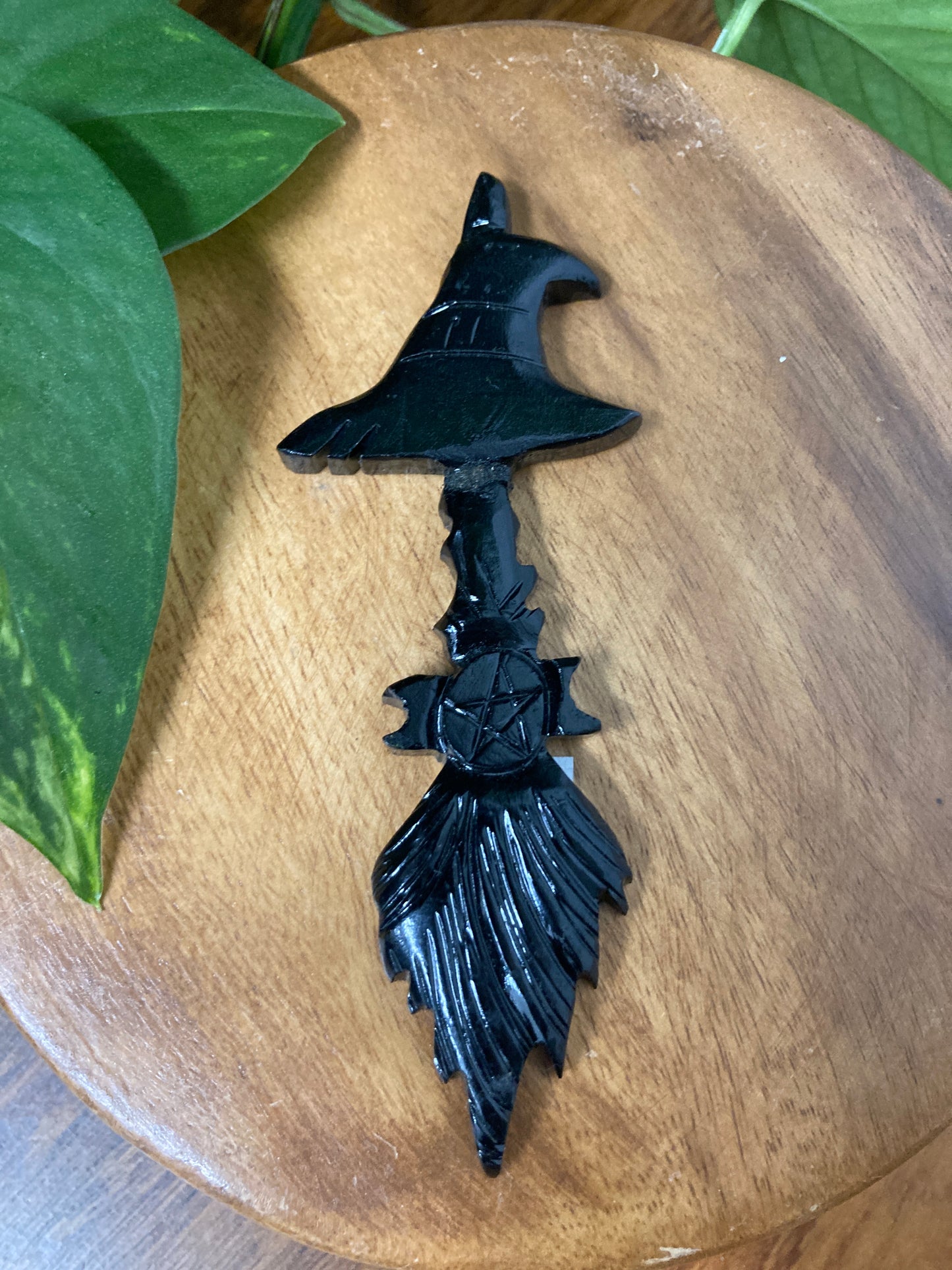 Black Obsidian Witch Hat with Broom