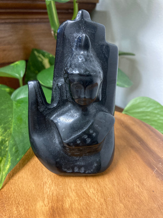 Black Obsidian Buddha within Hand